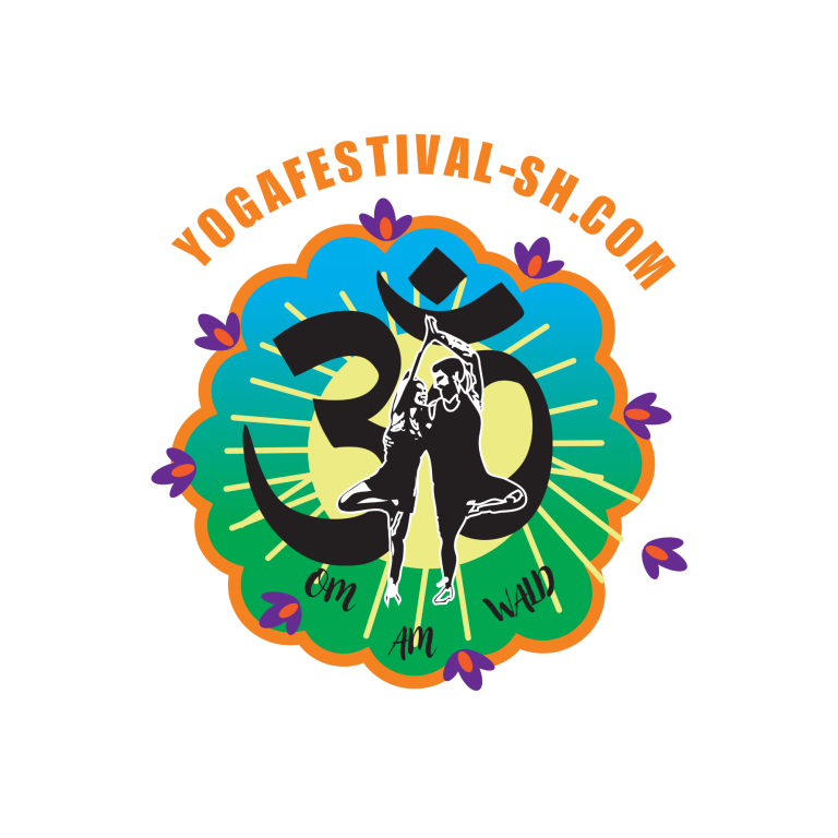 Logo des Yoga-Festivals Logo des Yoga-Festivals mit Om-Symbol und bunten Blumenranken.